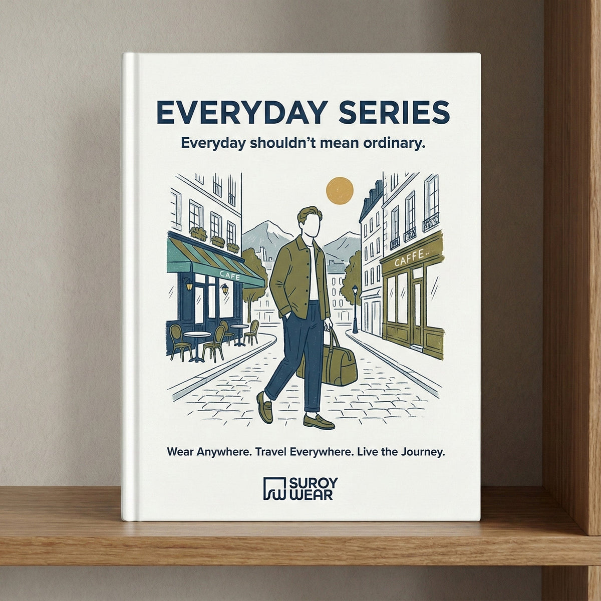 The Everyday Series collection, a book cover of a man walking a cobbled street with a duffel bag