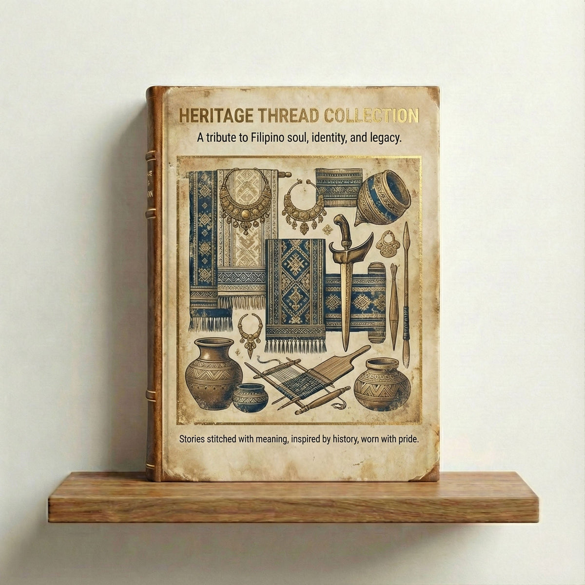 Heritage Threads collection, an aged book cover of woven textiles, pots and gold jewellery from the islands