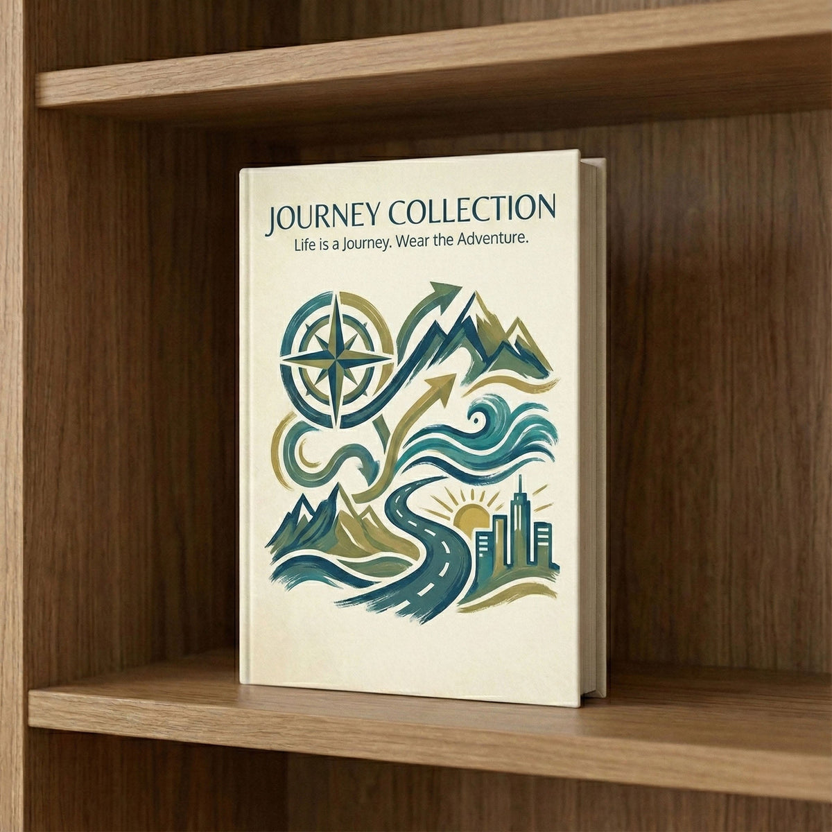Journey Collection, a book cover of a compass, mountains, waves and a road running into a city skyline