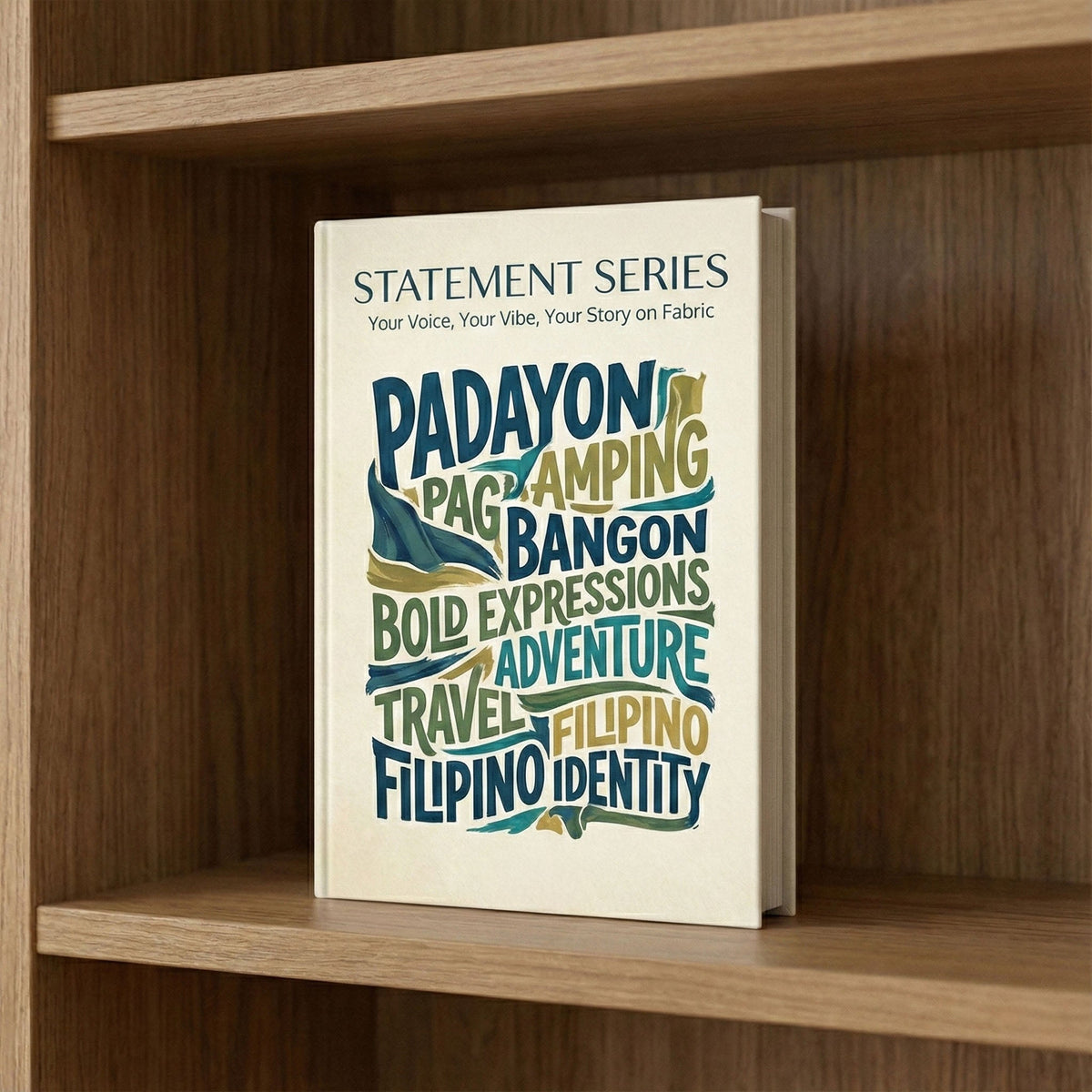 Statement Series collection, a book cover lettered Padayon, Pag-amping and Bangon, your story on fabric