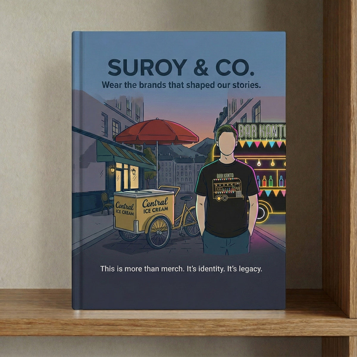 Suroy & Co. collection, a book cover of a Central Ice Cream cart and the Bar Kanto neon sign at dusk