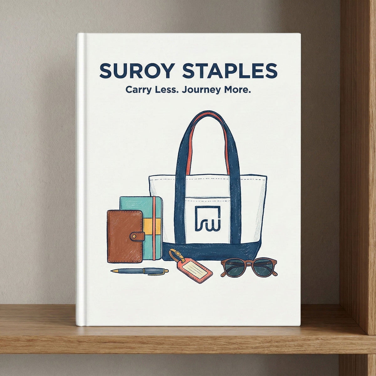 Suroy Staples collection, a book cover drawn with a navy tote, wallet and luggage tag, carry less journey more