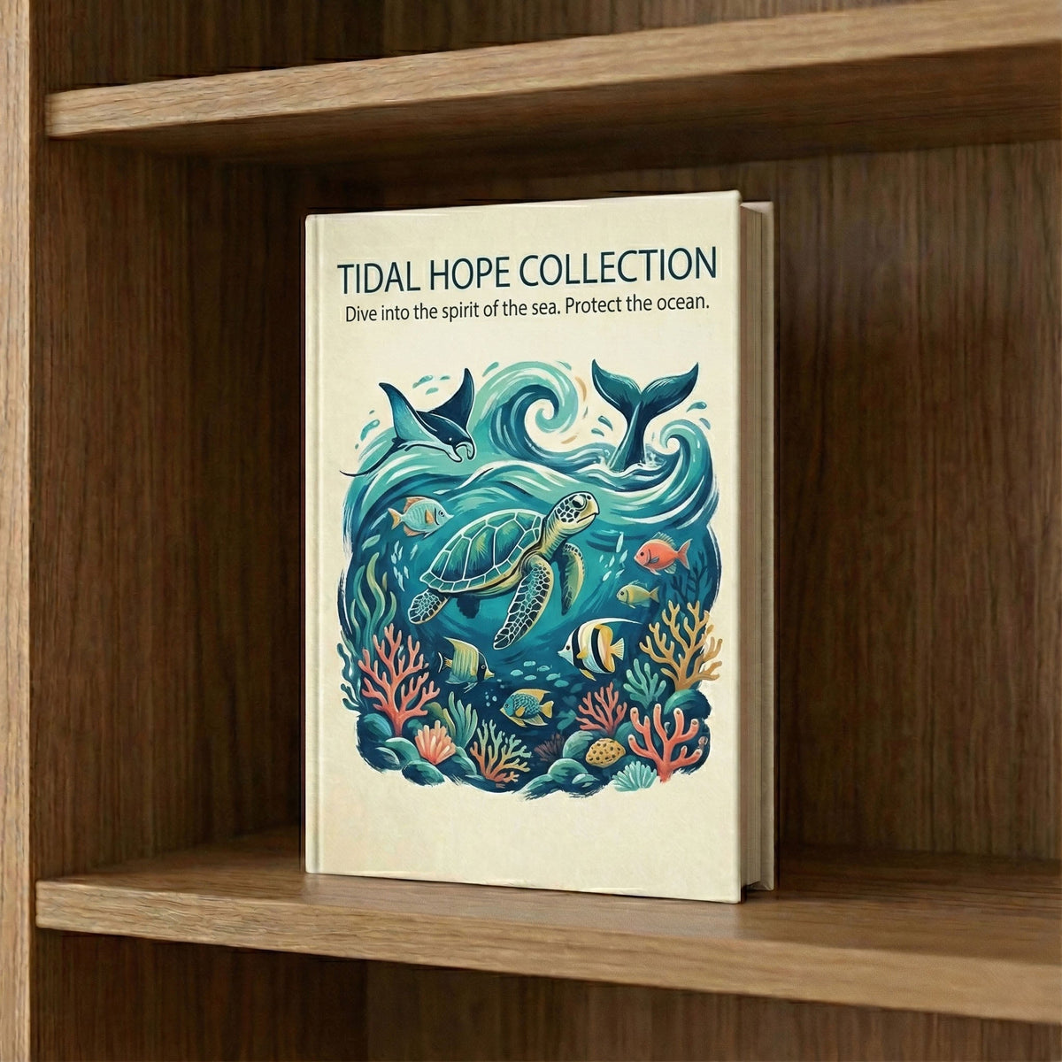 Tidal Hope collection, a book on a shelf, cover drawn with a sea turtle, whale tail and coral reef