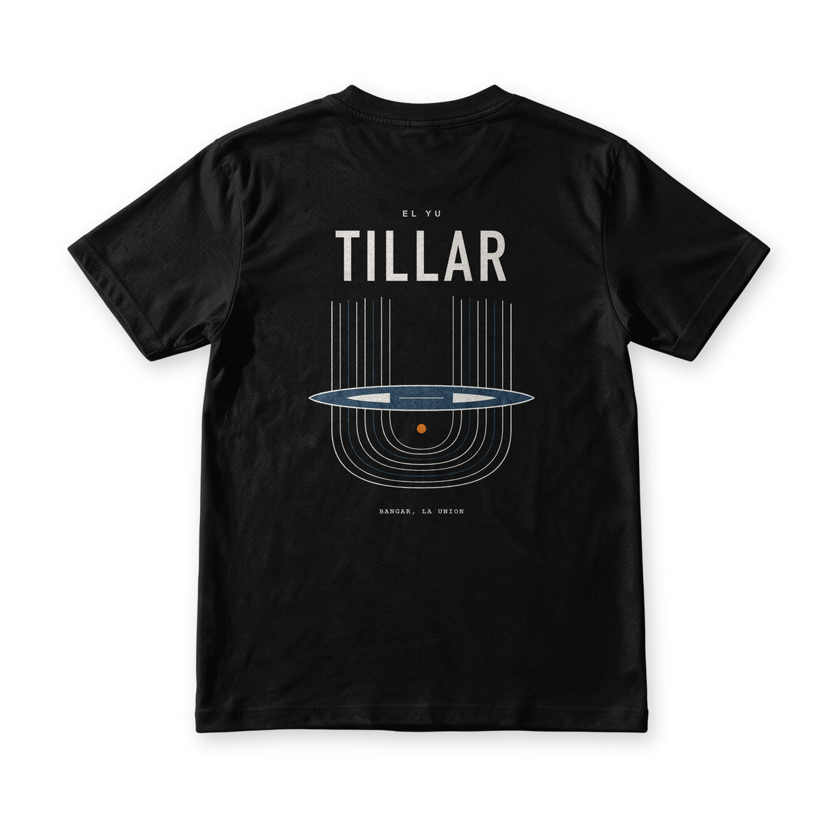 Tillar tee in Midnight Black, back view, TILLAR over an Ilocano handloom drawn as warp threads, shuttle and woven cloth