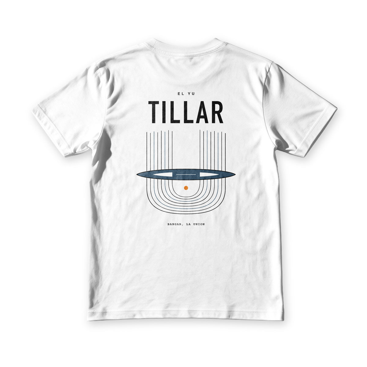 Tillar tee in white, back view, TILLAR over an Ilocano handloom drawn as warp threads, shuttle and woven cloth