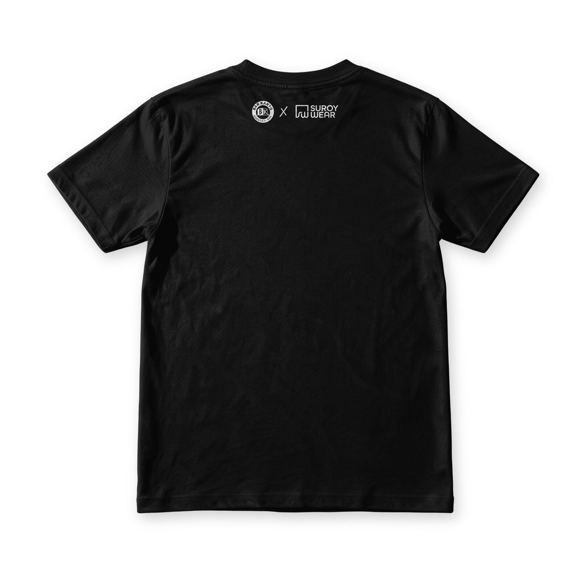 Bar Kanto tee in black, back view, plain back with the collaboration lockup printed below the collar