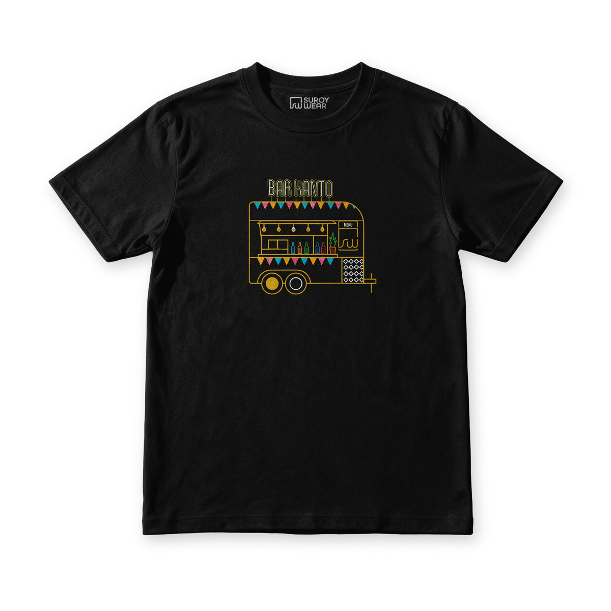 Suroy Wear Bar Kanto tee in black, front view, gold line drawing of a bar trailer under strings of fiesta bunting