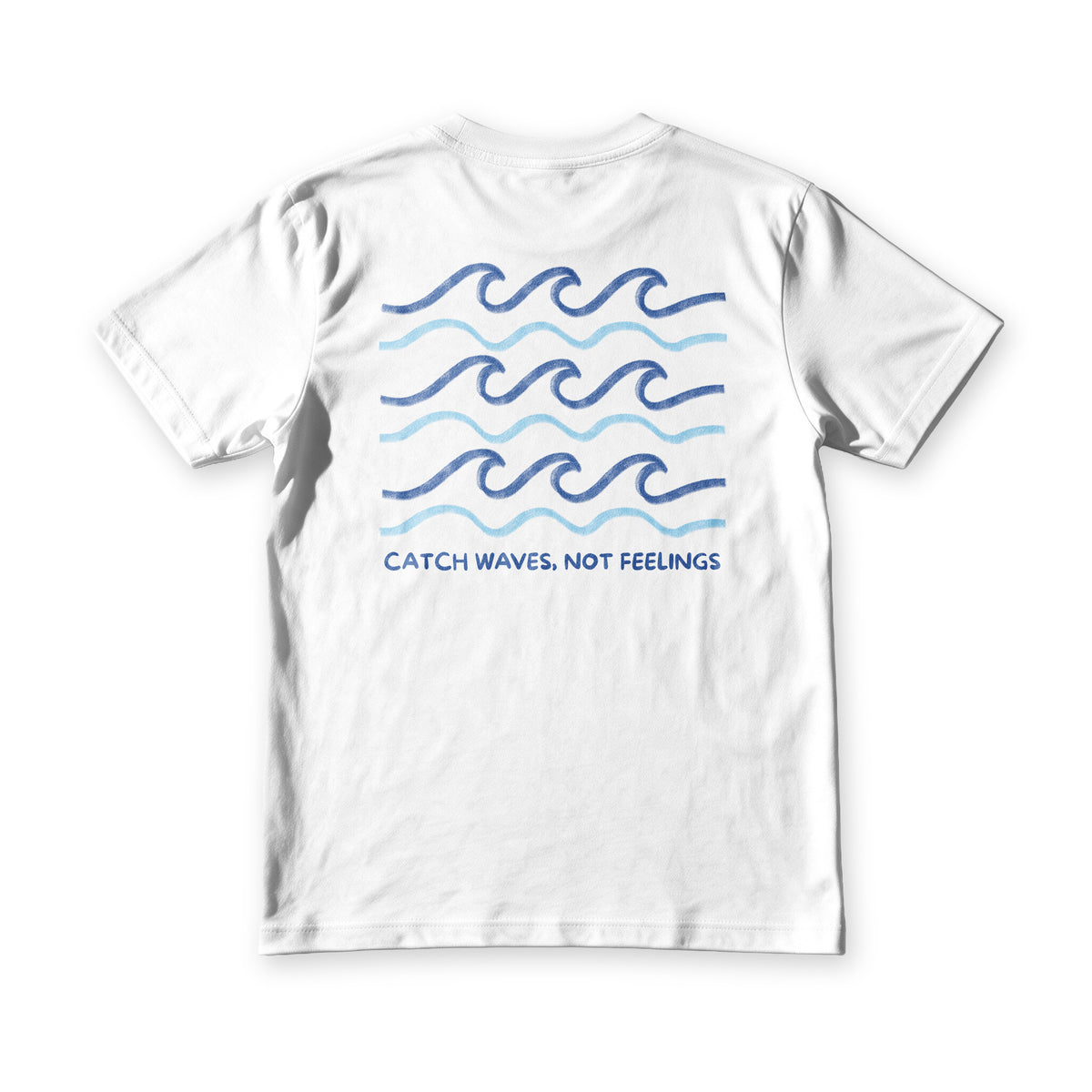 Suroy Wear Catch Waves tee in white, back view, stacked blue waves above catch waves, not feelings