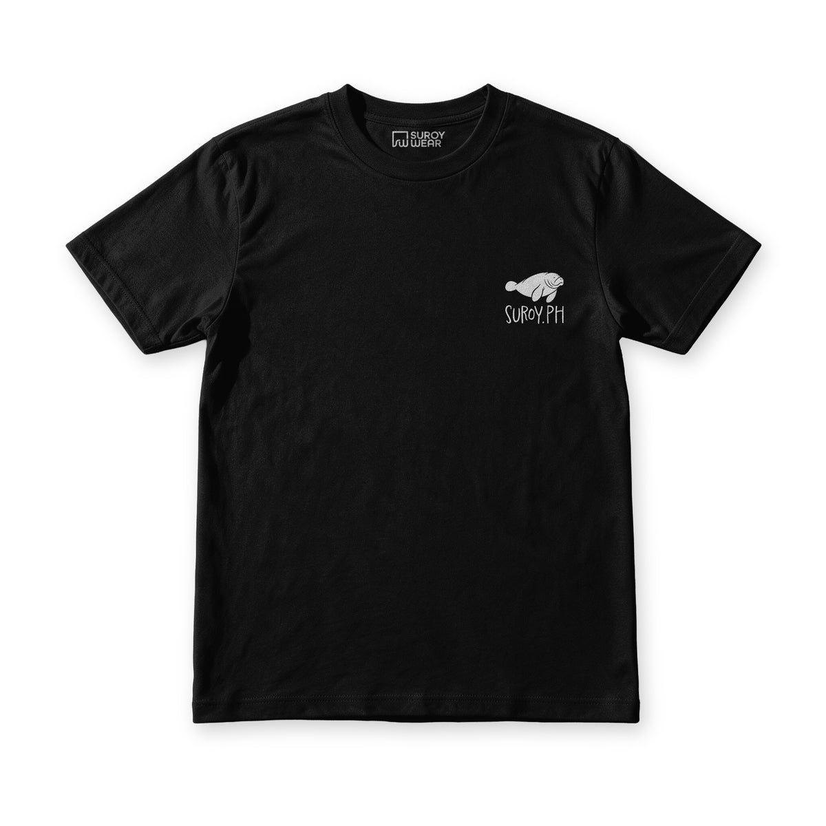 Dugong Club tee in black, flat front, small white dugong mark at the left chest