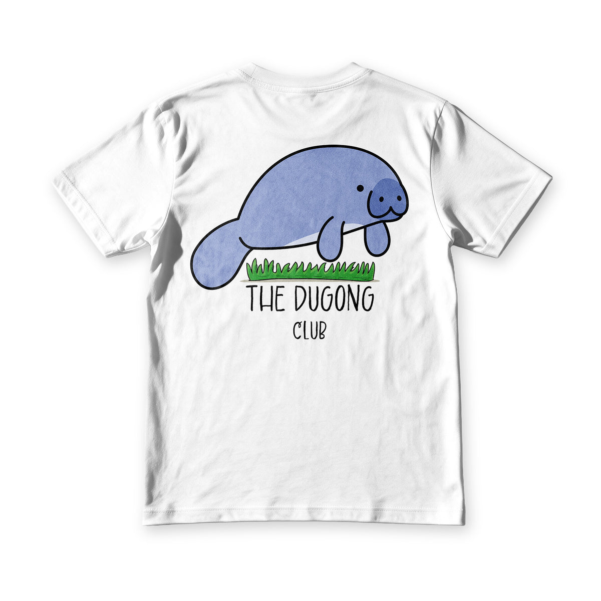Dugong Club tee in white, flat back, hand drawn dugong over sea grass and The Dugong Club