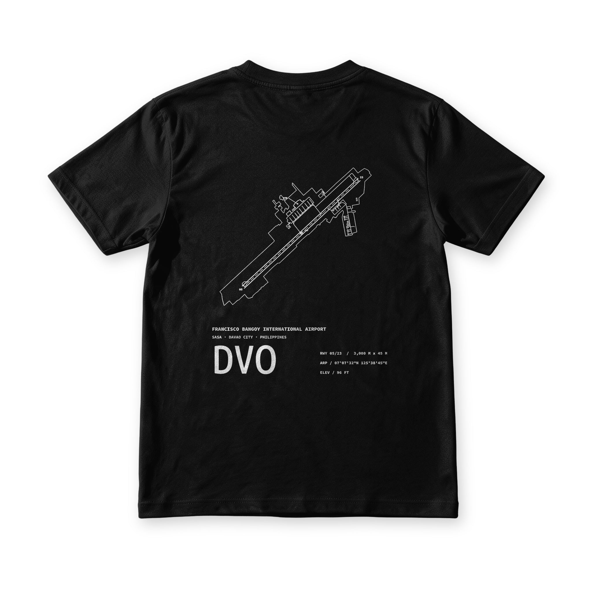 Suroy Wear Airport Series DVO tee in Midnight Black, back view, Francisco Bangoy airport chart, runway 05/23