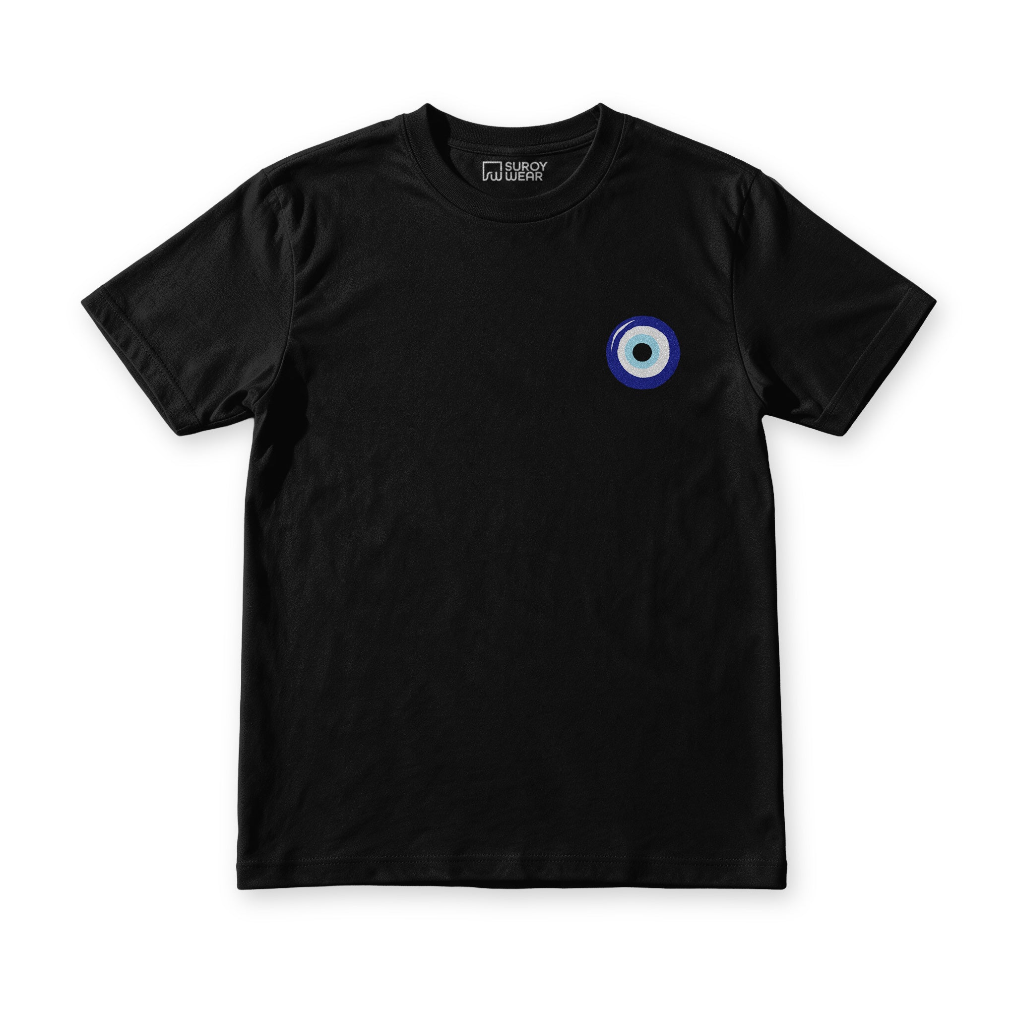 Suroy Wear Evil Eye tee in Midnight Black, front view, blue and white nazar amulet at the left chest