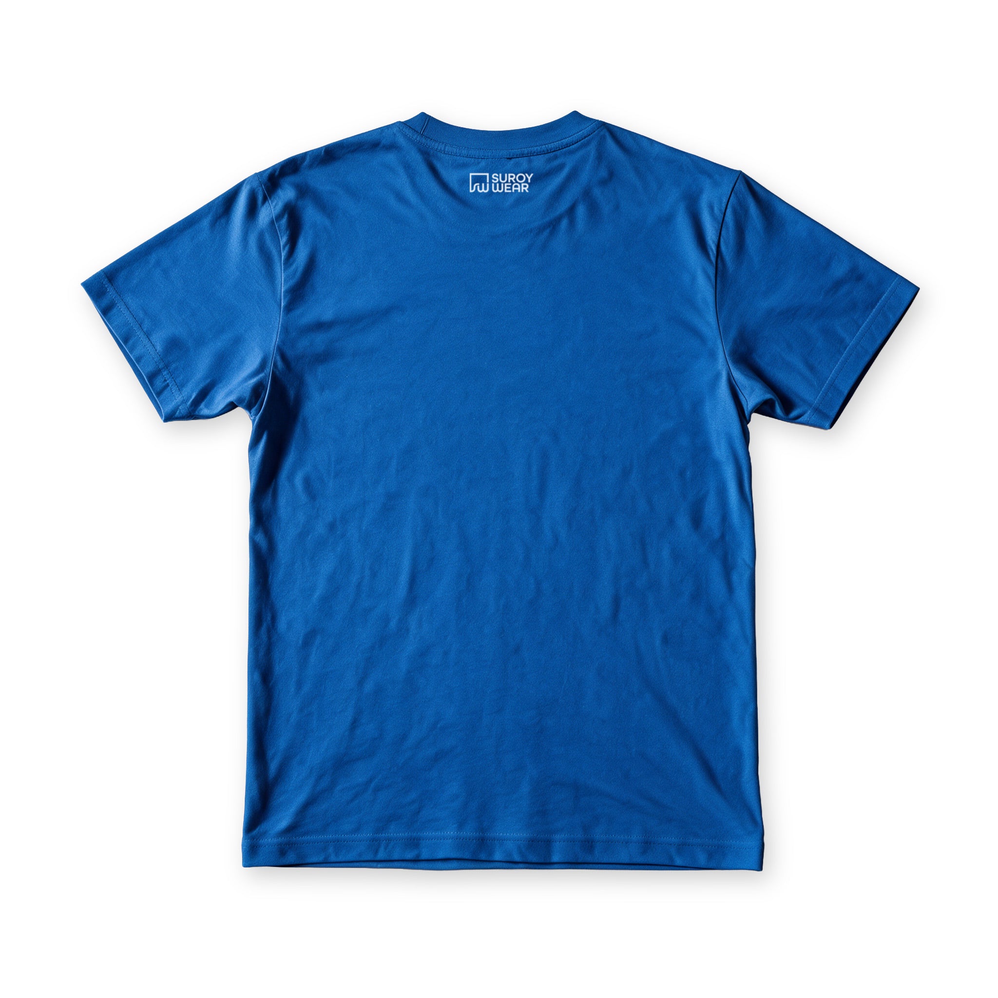 Evil Eye tee in Royal Blue, back view, plain back with the neck label printed below the collar