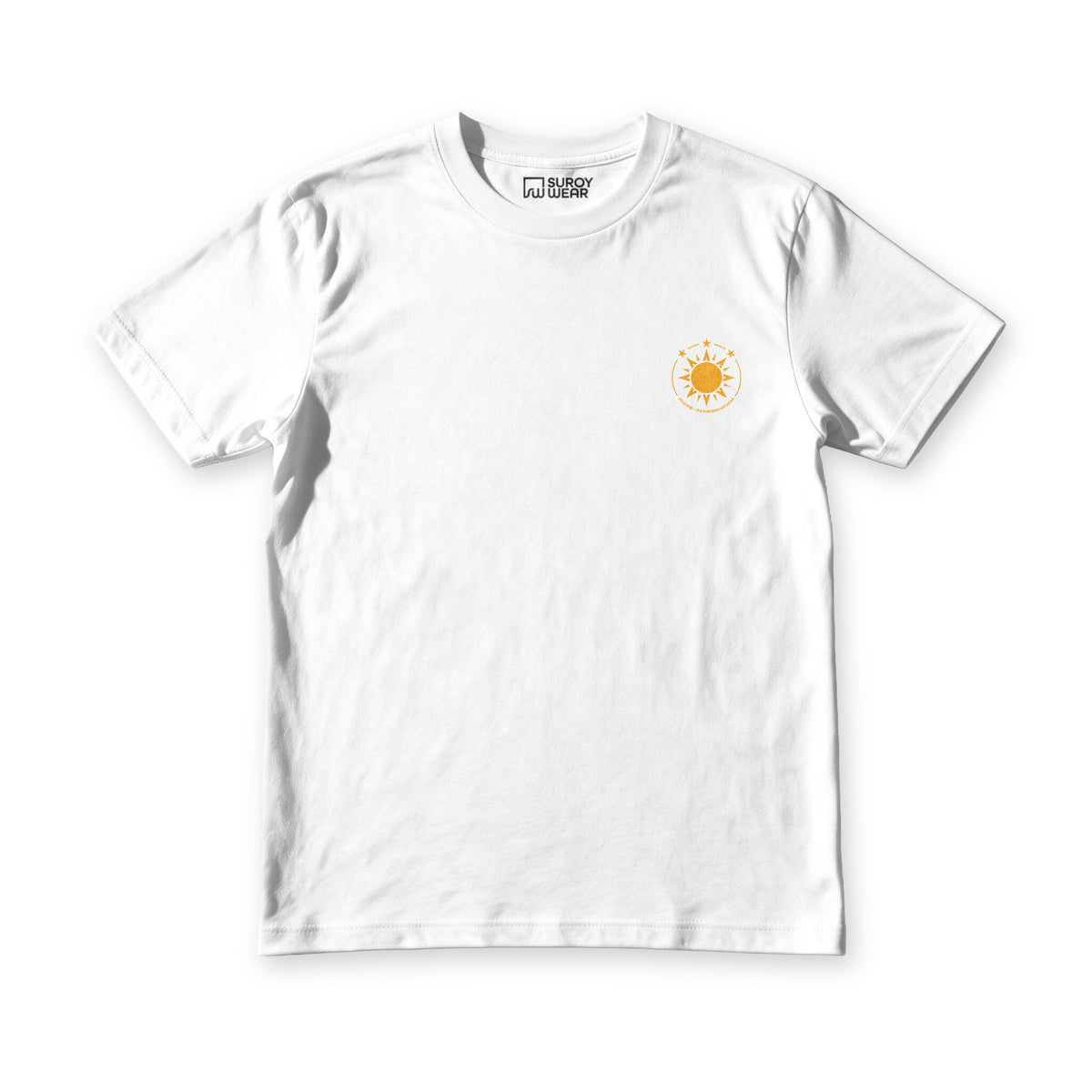 The Freedom We Wear tee in white, front view, small gold sun and three stars on the left chest
