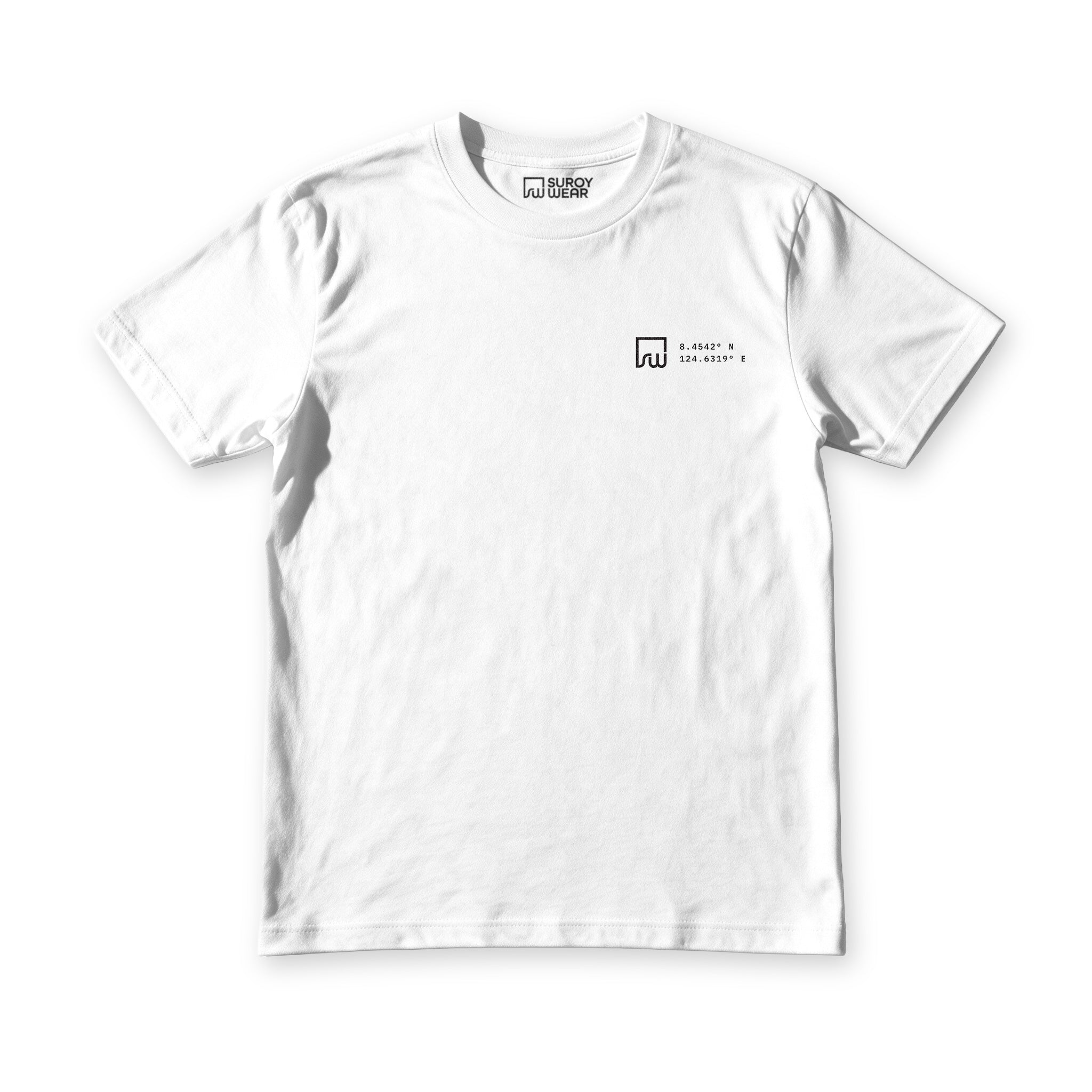Higala tee in white, front view, small chest mark over the Cagayan de Oro coordinates