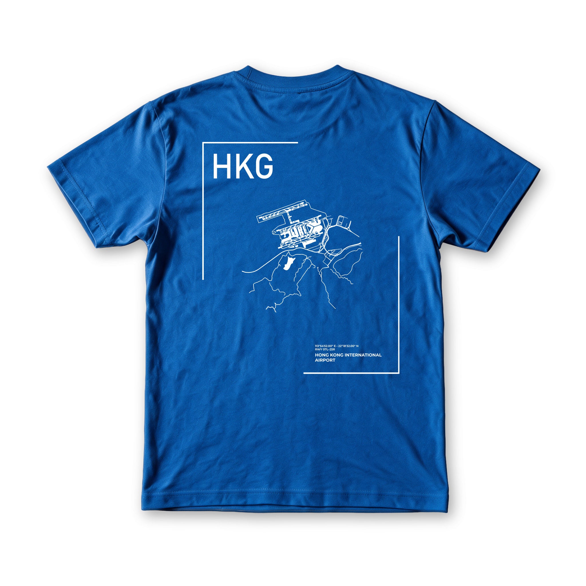 Airport Series HKG tee in Serenity Blue, back view, Hong Kong airport island mapped under the HKG code