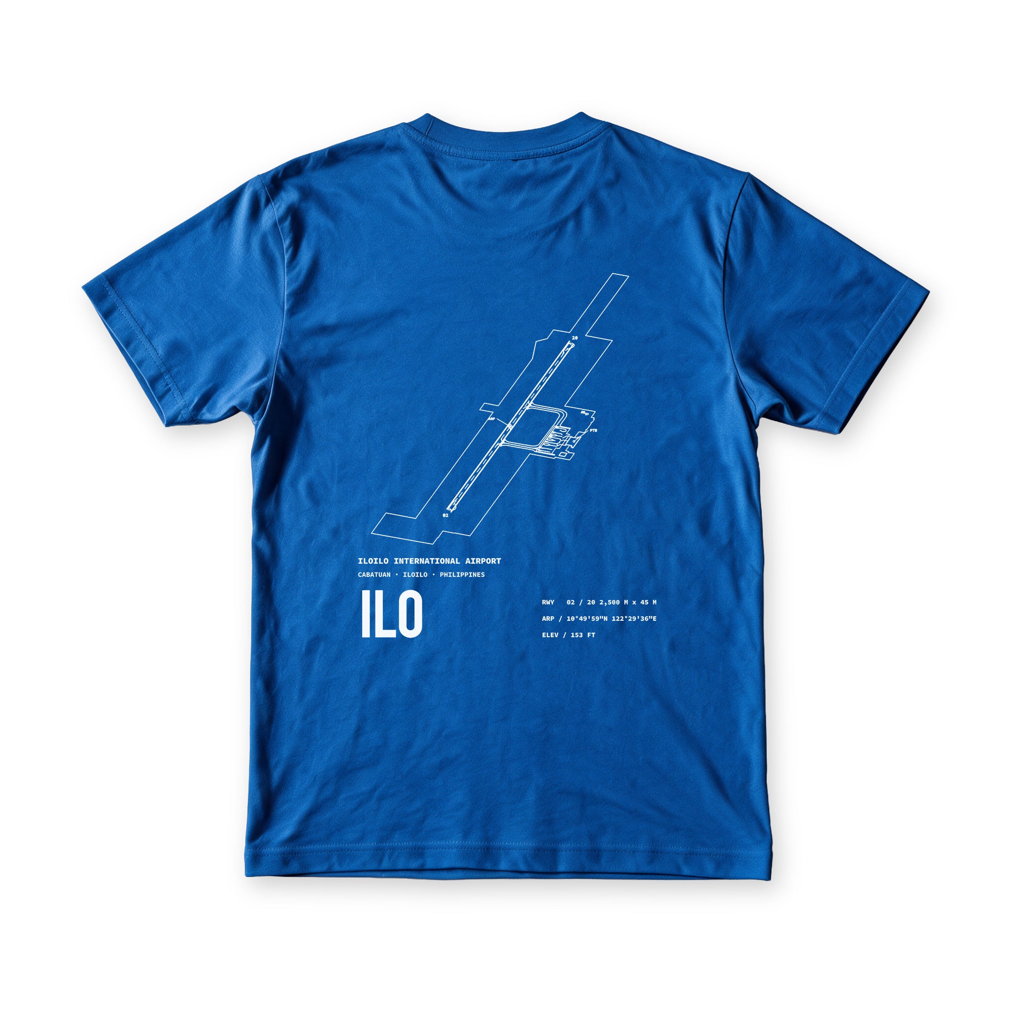 Airport Series ILO tee in Serenity Blue, back view, Cabatuan airfield drawn in white above the ILO code