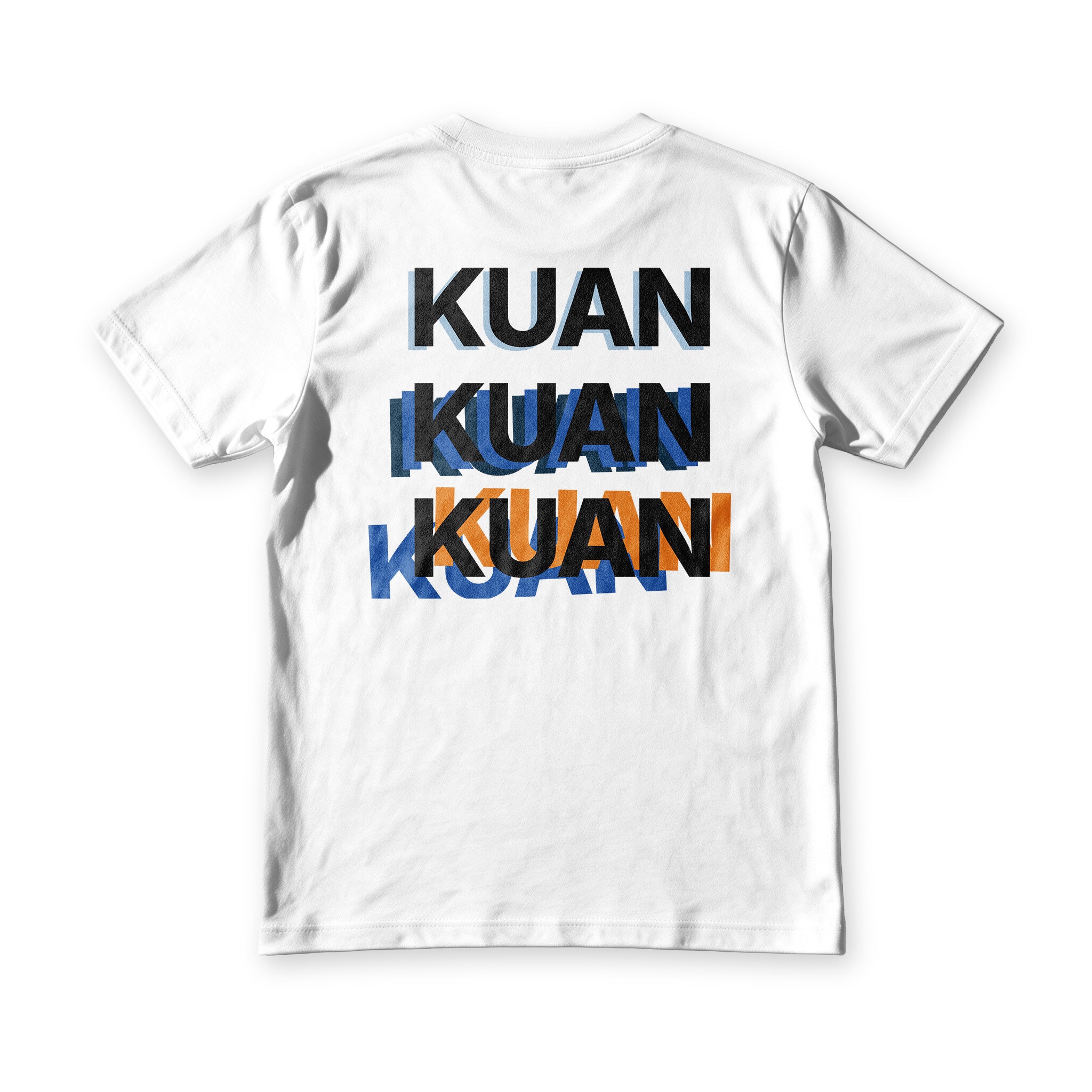 Suroy Wear Kuan tee in white, back view, Kuan the Bisaya placeholder word printed three times out of register