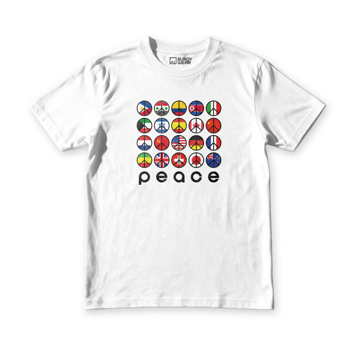 Suroy Wear Peace tee in white, front view, grid of peace signs filled with national flags above the word peace