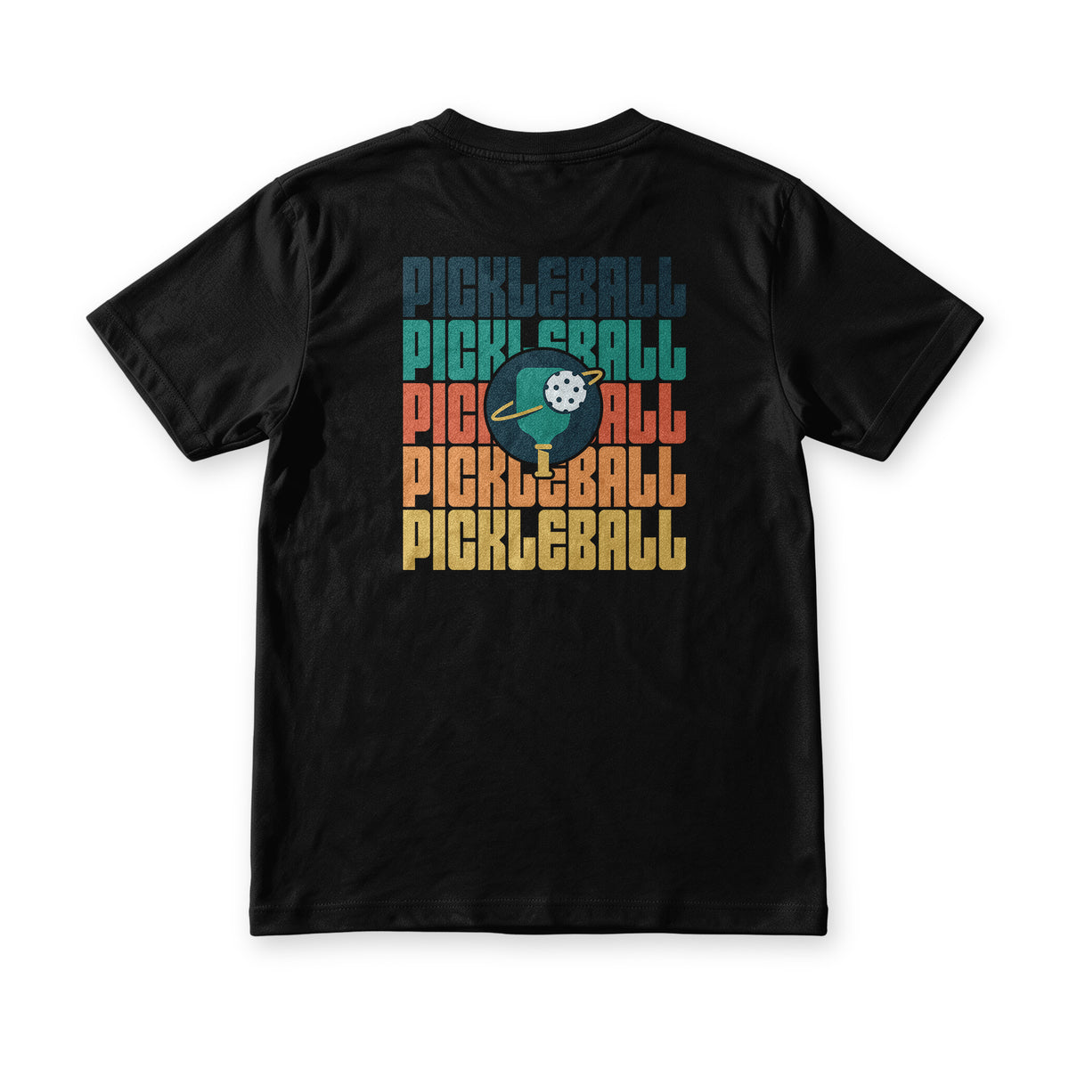 Suroy Wear Pickleball Club tee in black, back view, pickleball stacked five times in retro colour bands