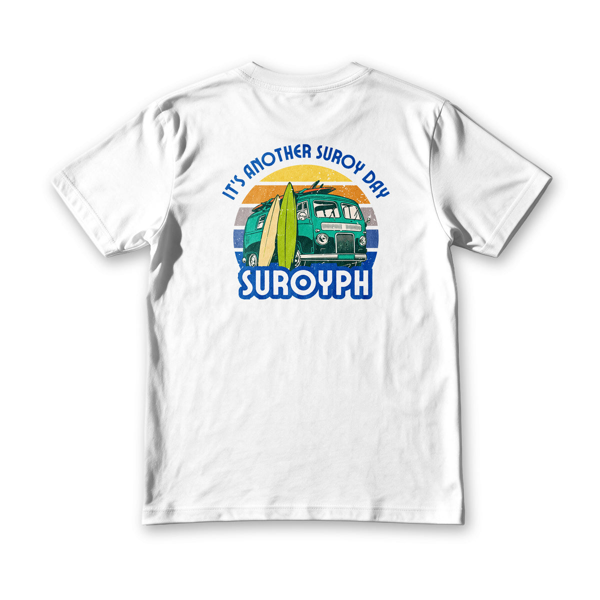 Retro Van tee in white, back view, camper van and surfboards under it's another suroy day