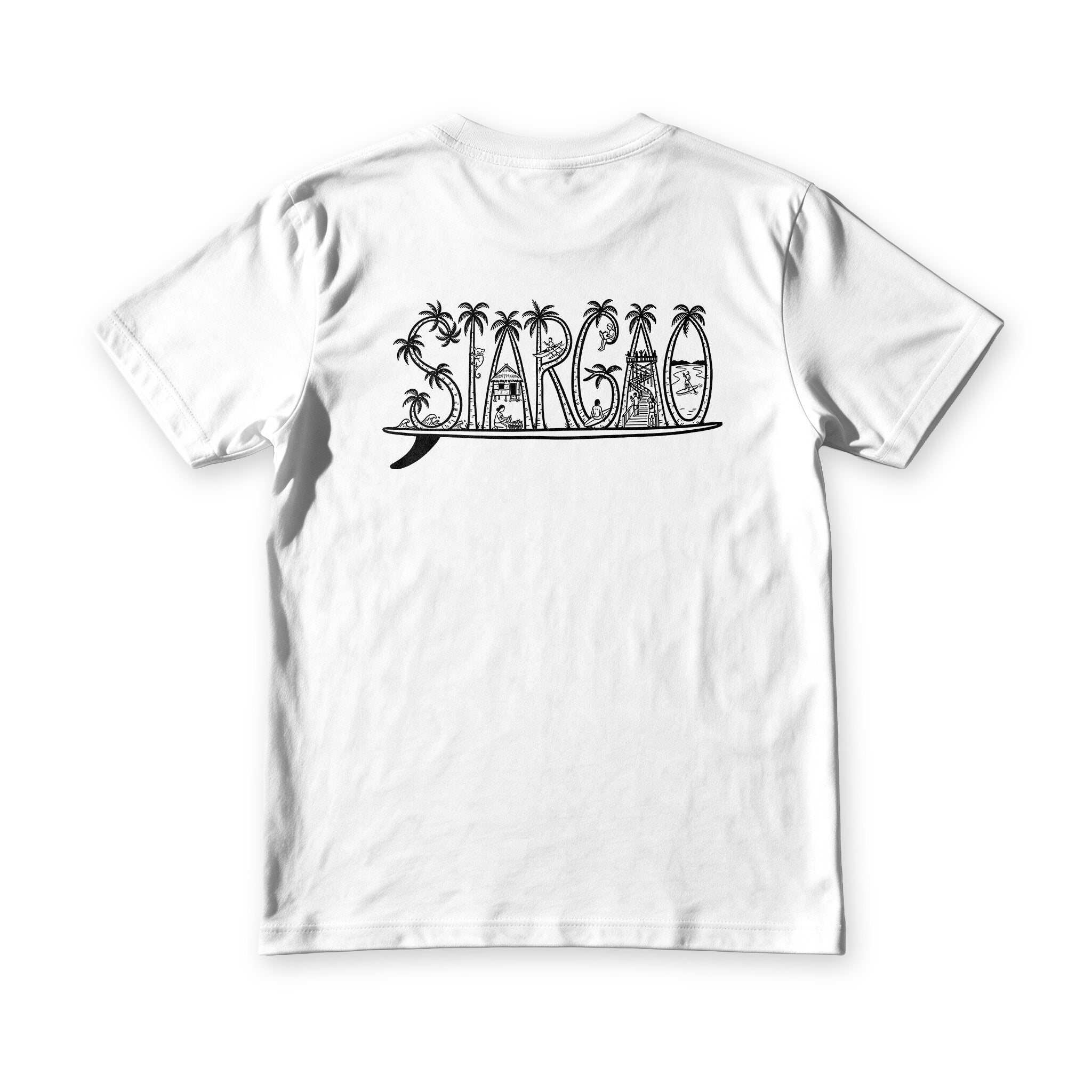 Suroy Wear Siargao Palms tee in white, back view, SIARGAO drawn in palm trees and island scenes across a surfboard