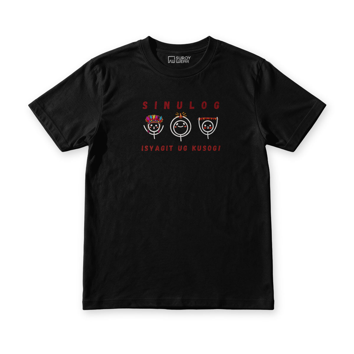 Sinulog Vibes tee in Midnight Black, front view, Sinulog and isyagit ug kusog around three festival faces