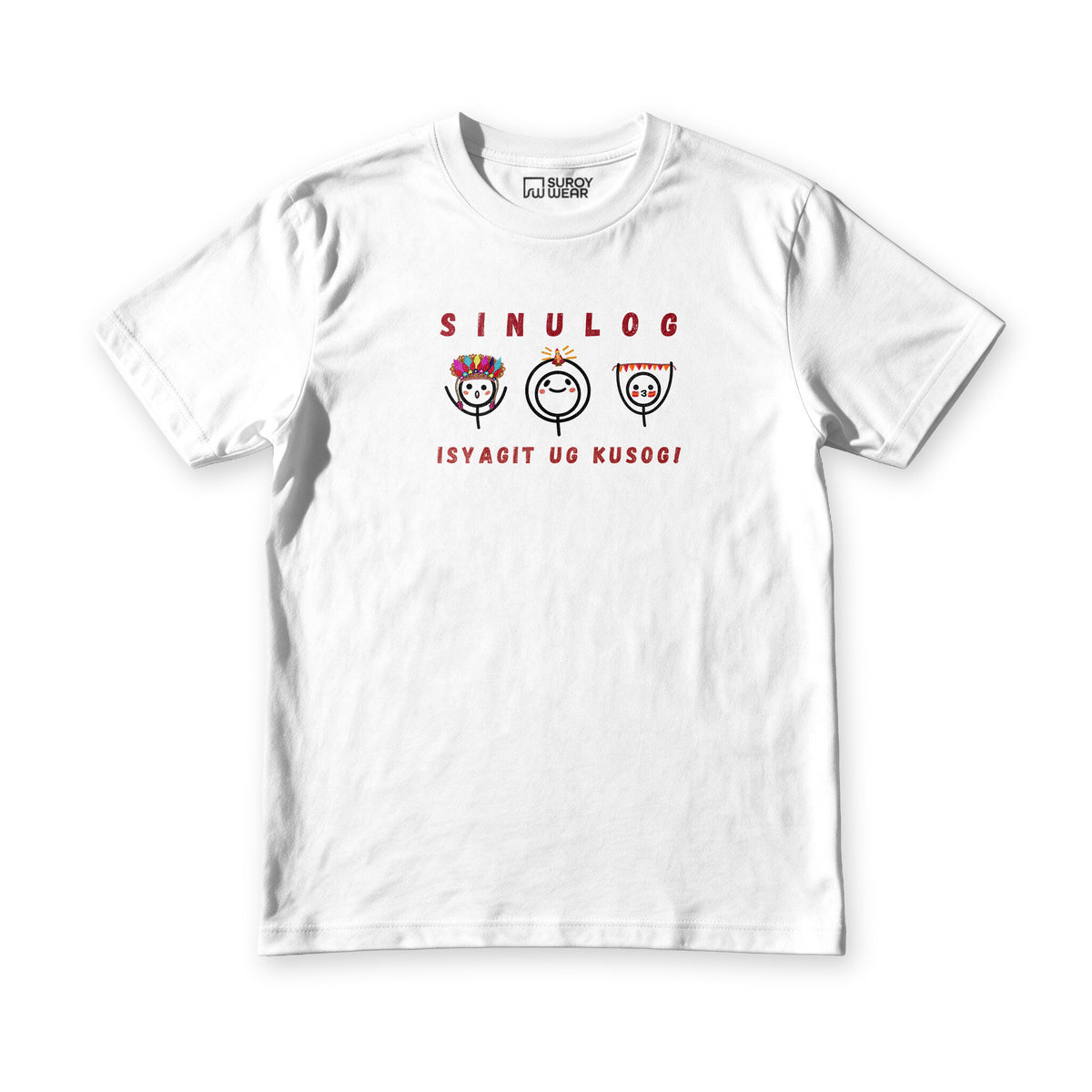 Suroy Wear Sinulog Vibes tee in white, front view, Sinulog and isyagit ug kusog around three festival faces