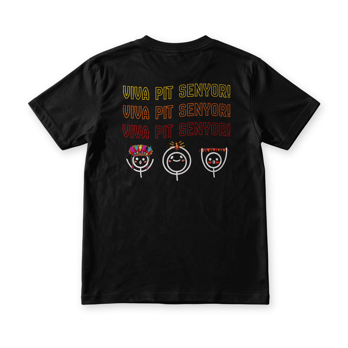 Sinulog Vibes tee in Midnight Black, back view, Viva Pit Senyor repeated three times over festival faces