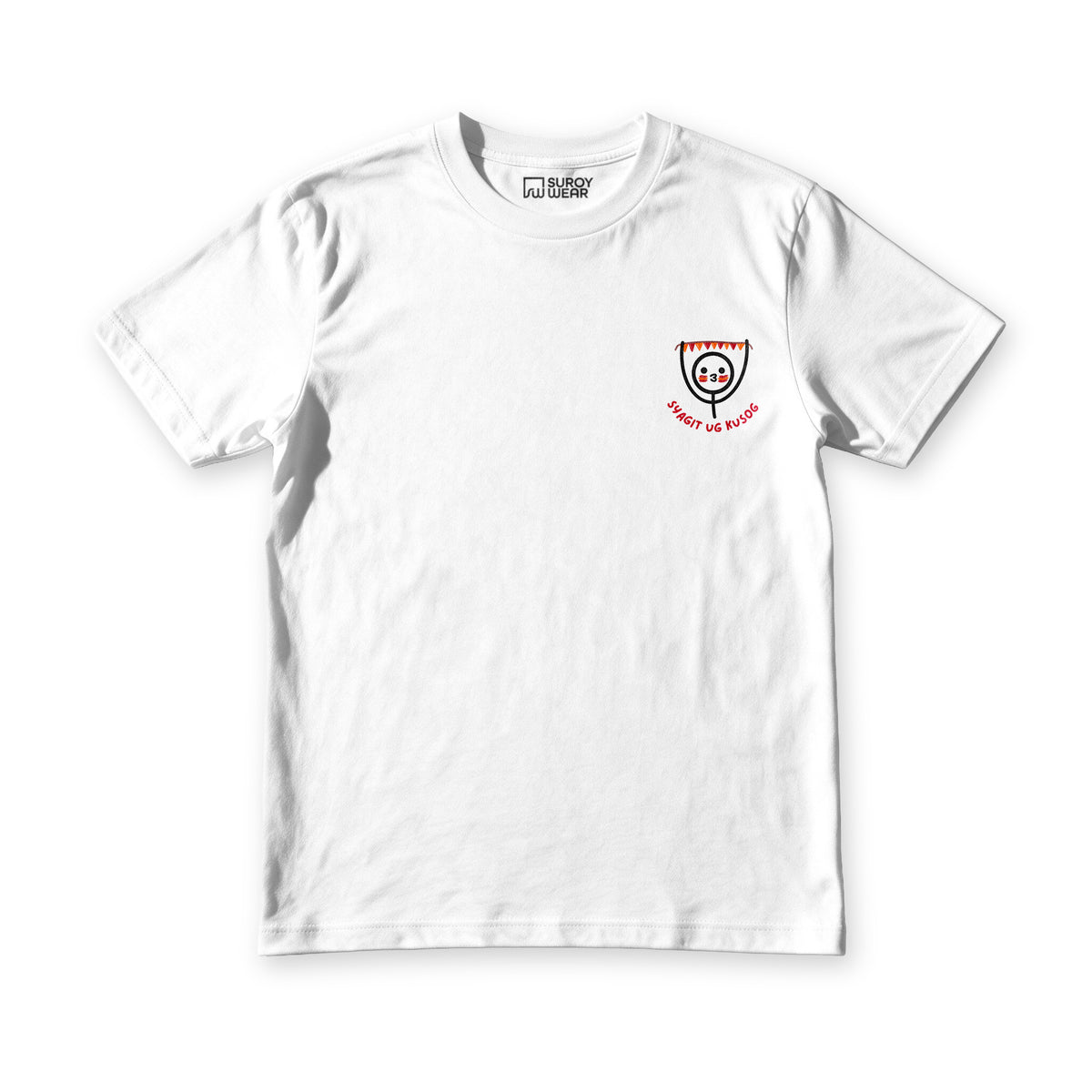 Sinulog Vibes tee in white, front view, small Syagit ug Kusog face mark at the left chest