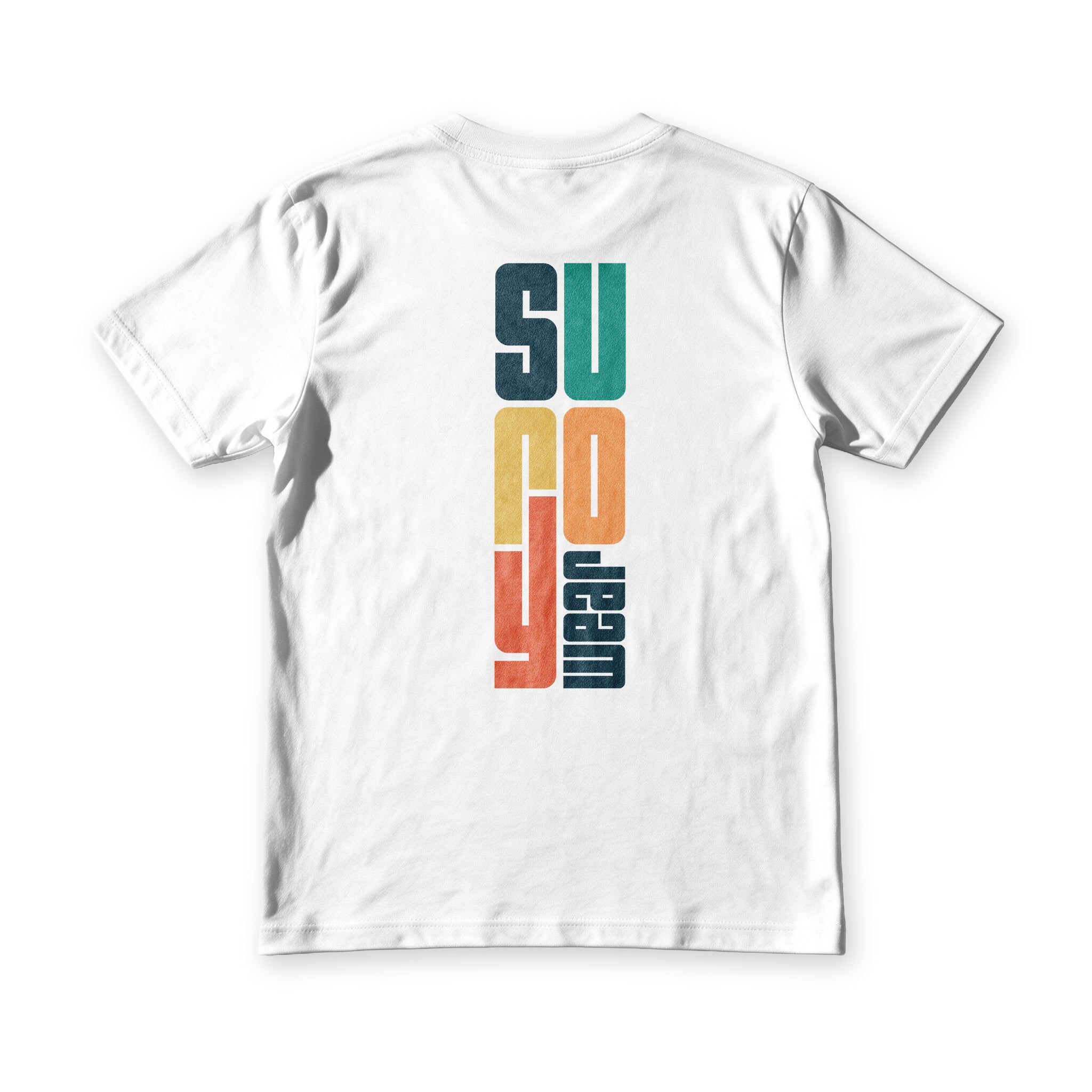 Suroy Sunset tee in white, back view, the wordmark stacked vertically in navy, teal, gold, orange and coral
