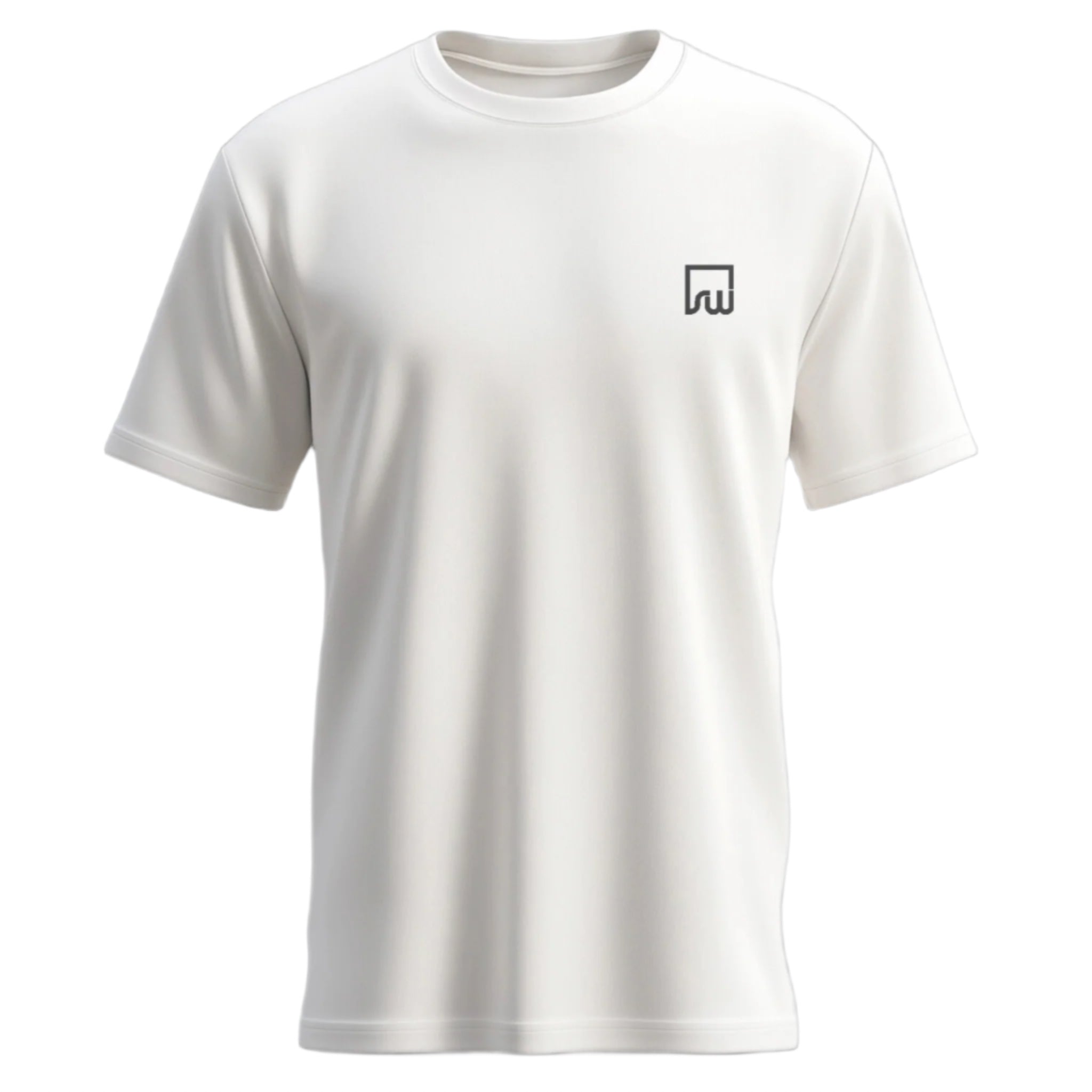 A white crew neck t-shirt with minimalist embroidery on the chest area.