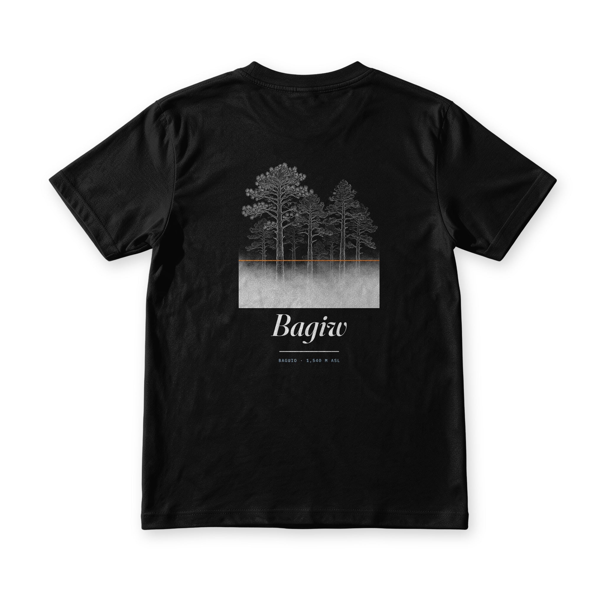 Bagiw tee in Midnight Black, back view, Benguet pines over pale moss with an orange line where the fog stops
