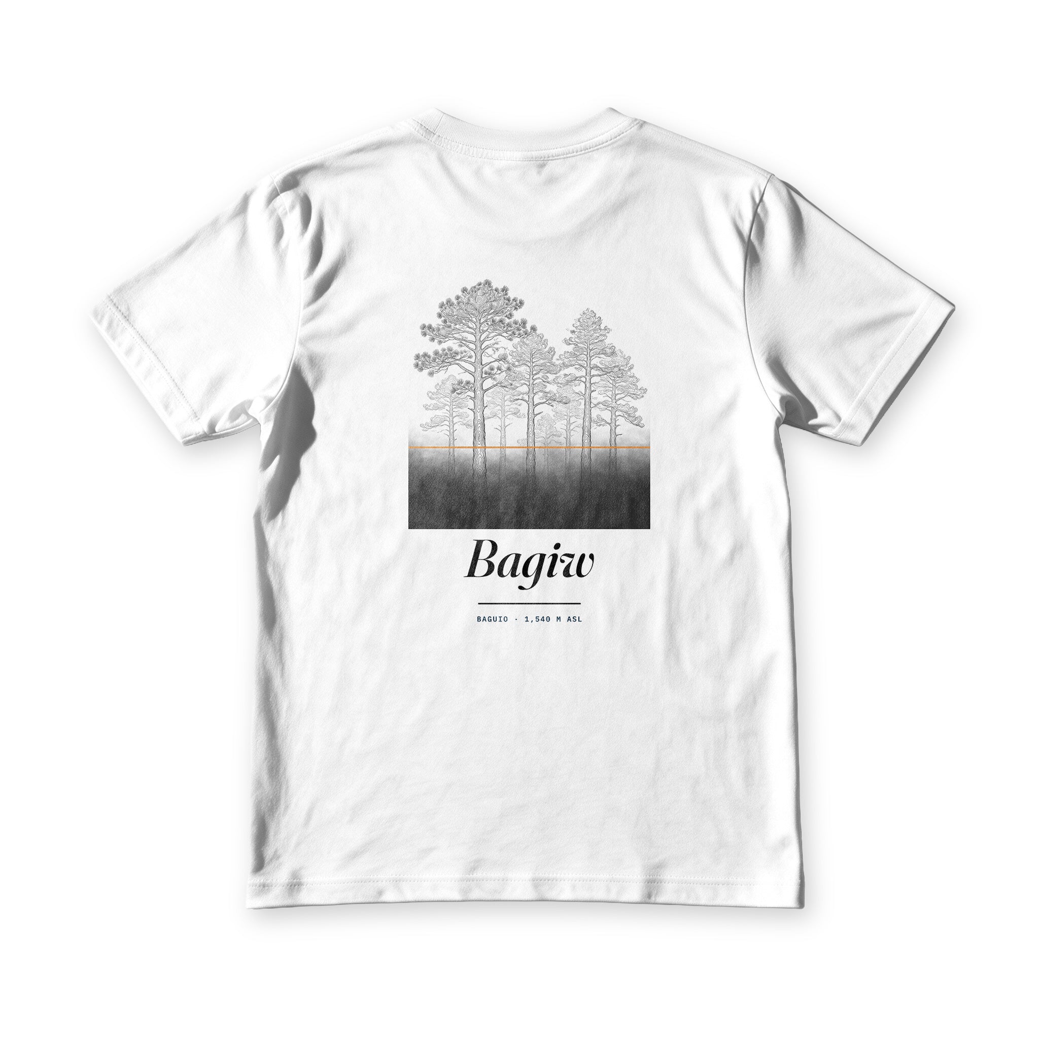 Suroy Wear Bagiw tee in white, back view, a stand of Benguet pines over dark moss with an orange line where the fog stops