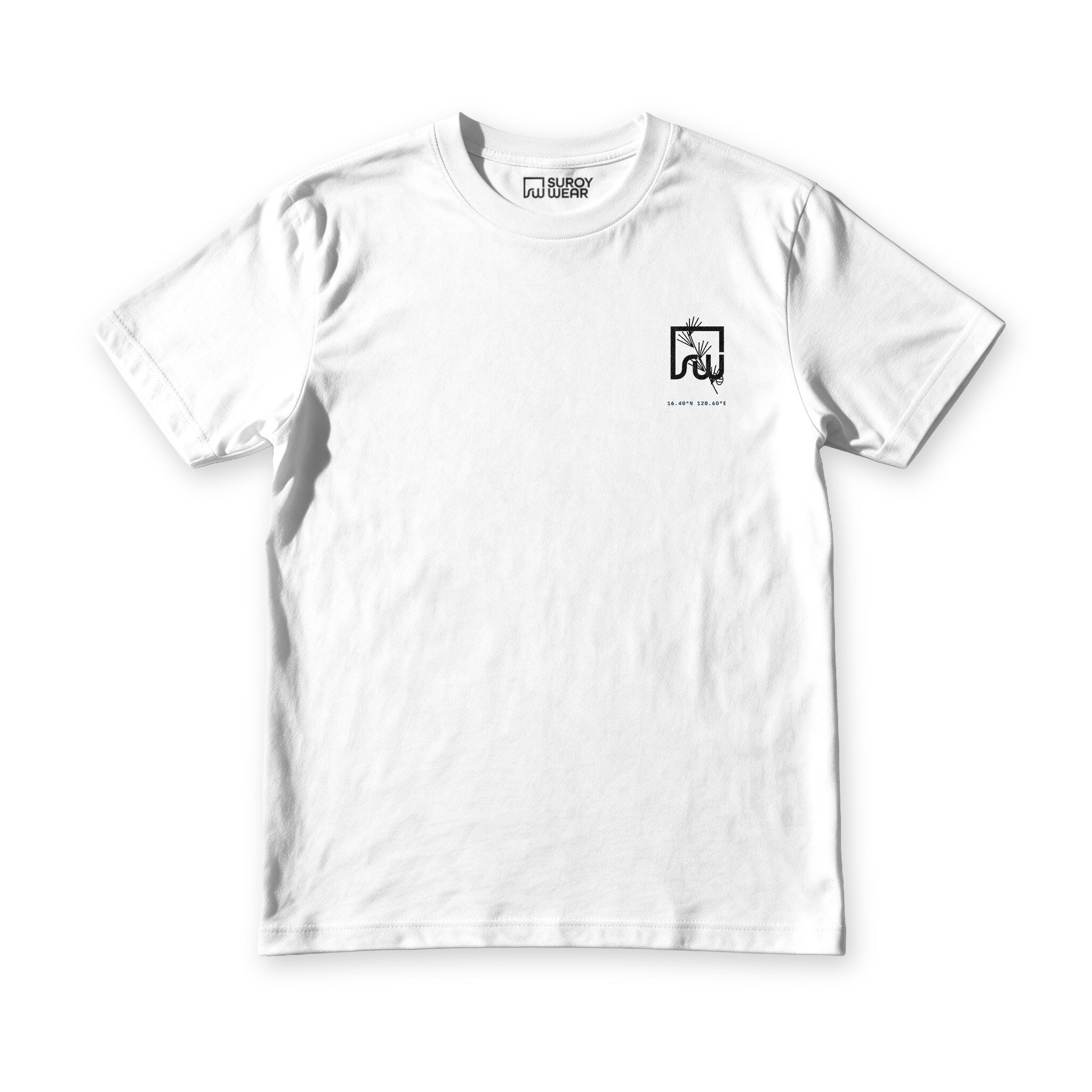 Bagiw tee in white, front view, the SW monogram box threaded with pine needles above 16.40°N 120.60°E