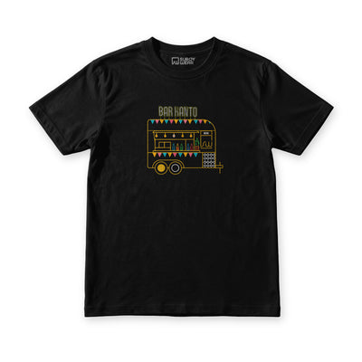Suroy Wear Bar Kanto tee in black, front view, gold line drawing of a bar trailer under strings of fiesta bunting