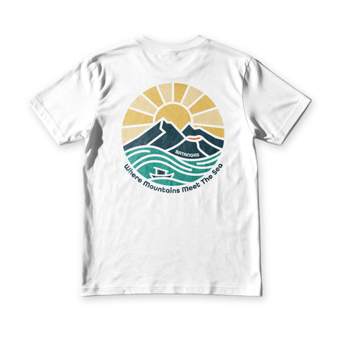 Suroy Wear Batangas tee in white, back view, rayed sun over twin peaks and a lone boat on wave lines