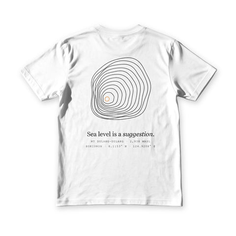 Suroy Wear Dulang-Dulang tee in white, back view, summit contour rings above sea level is a suggestion