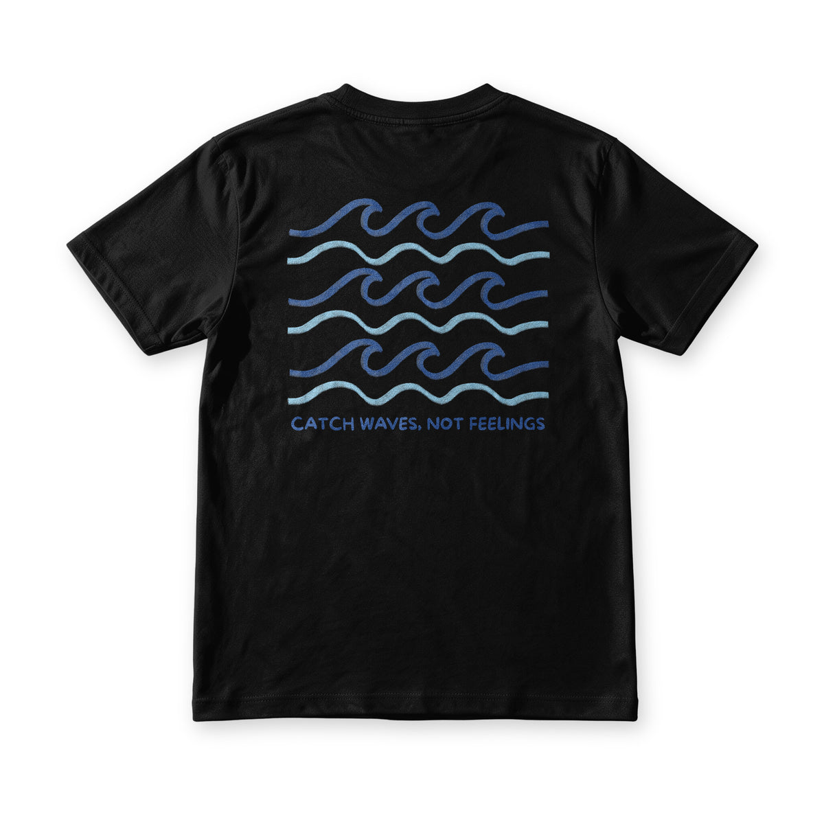 Catch Waves tee in black, back view, stacked blue waves above catch waves, not feelings