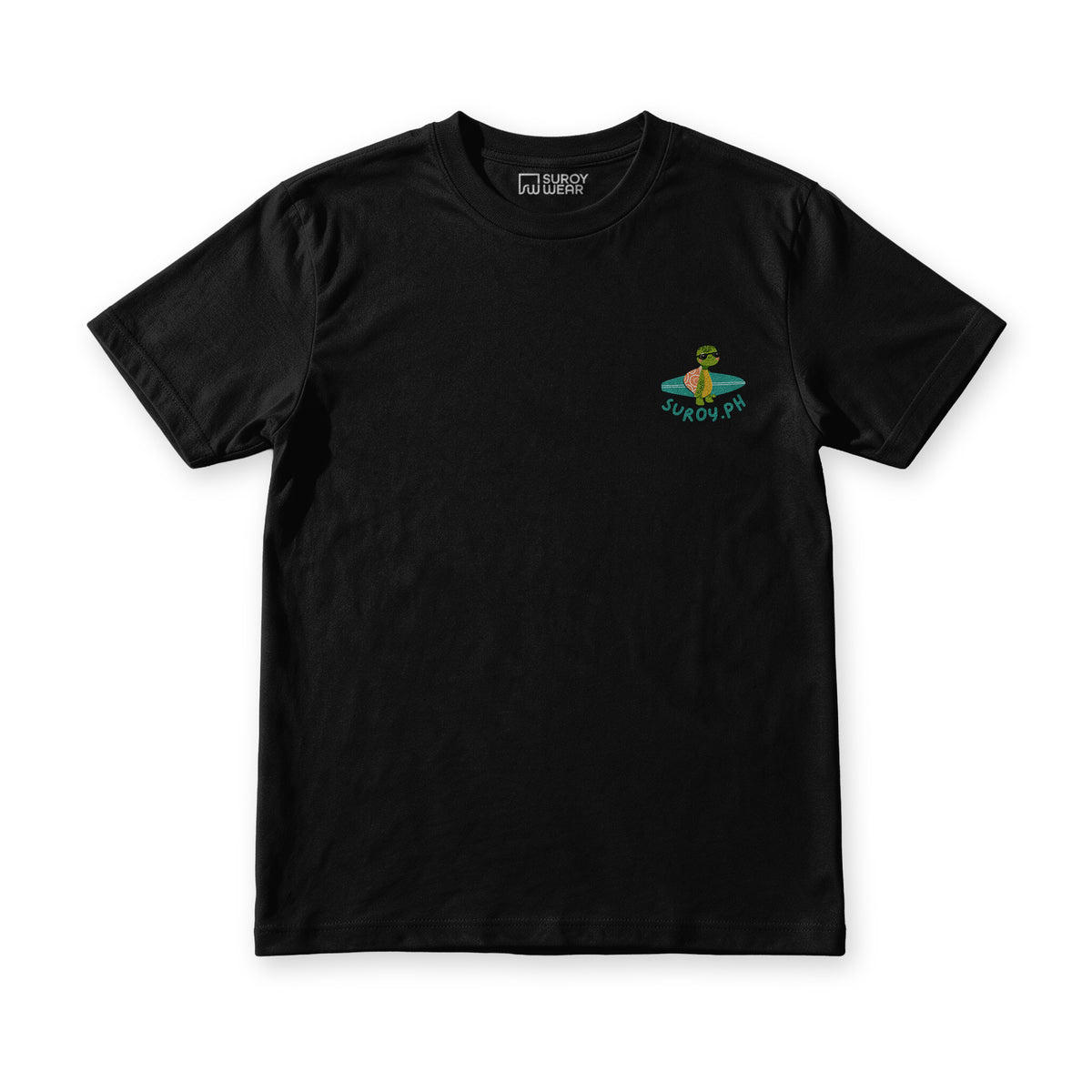 Catch Waves tee in black, front view, cartoon turtle on a surfboard above the wordmark at the chest