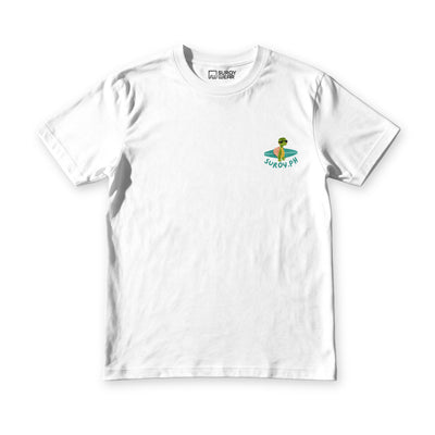 Catch Waves tee in white, front view, cartoon turtle on a surfboard above the wordmark at the chest