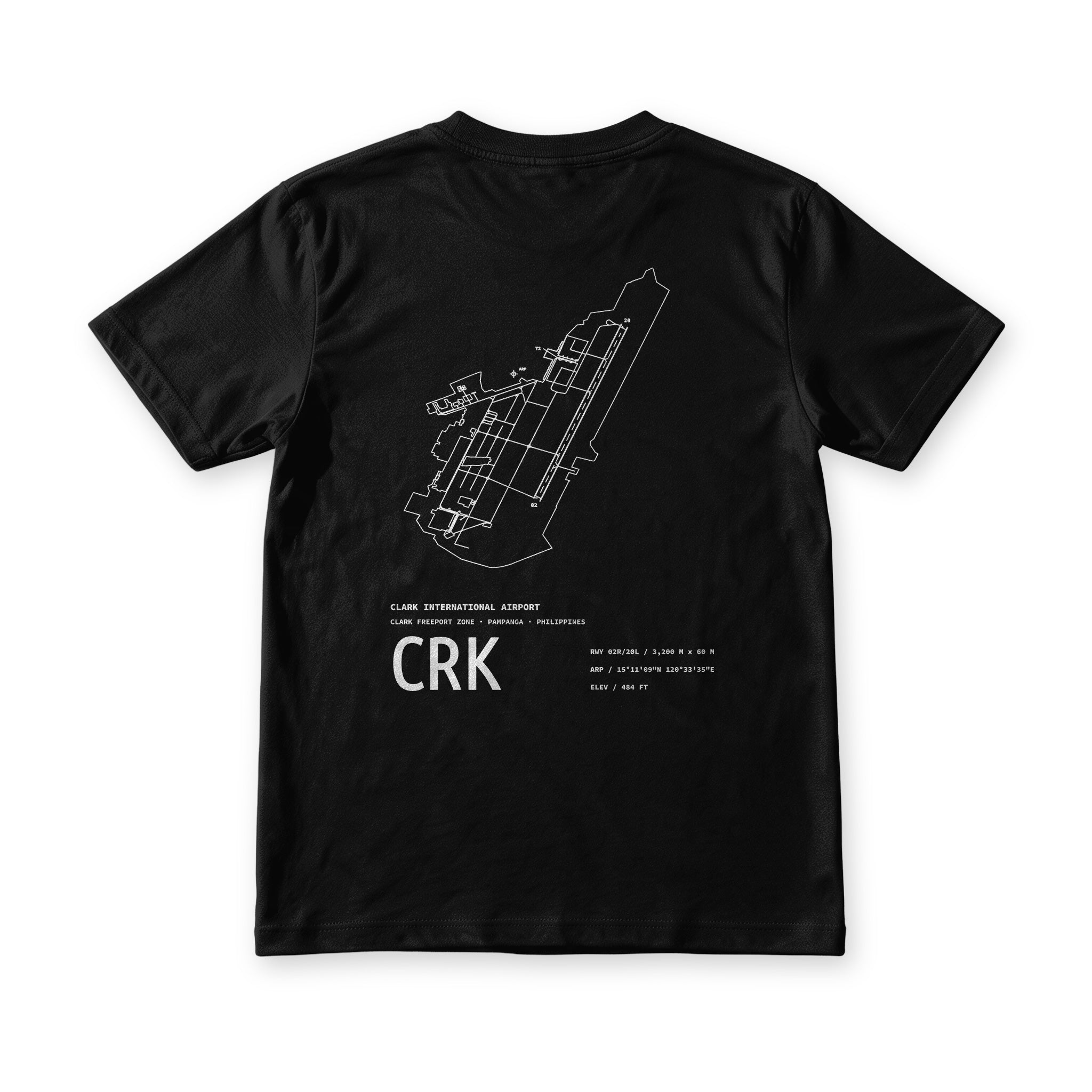 Suroy Wear Airport Series CRK tee in Midnight Black, back view, Clark airport chart with runway 02/20 drawn
