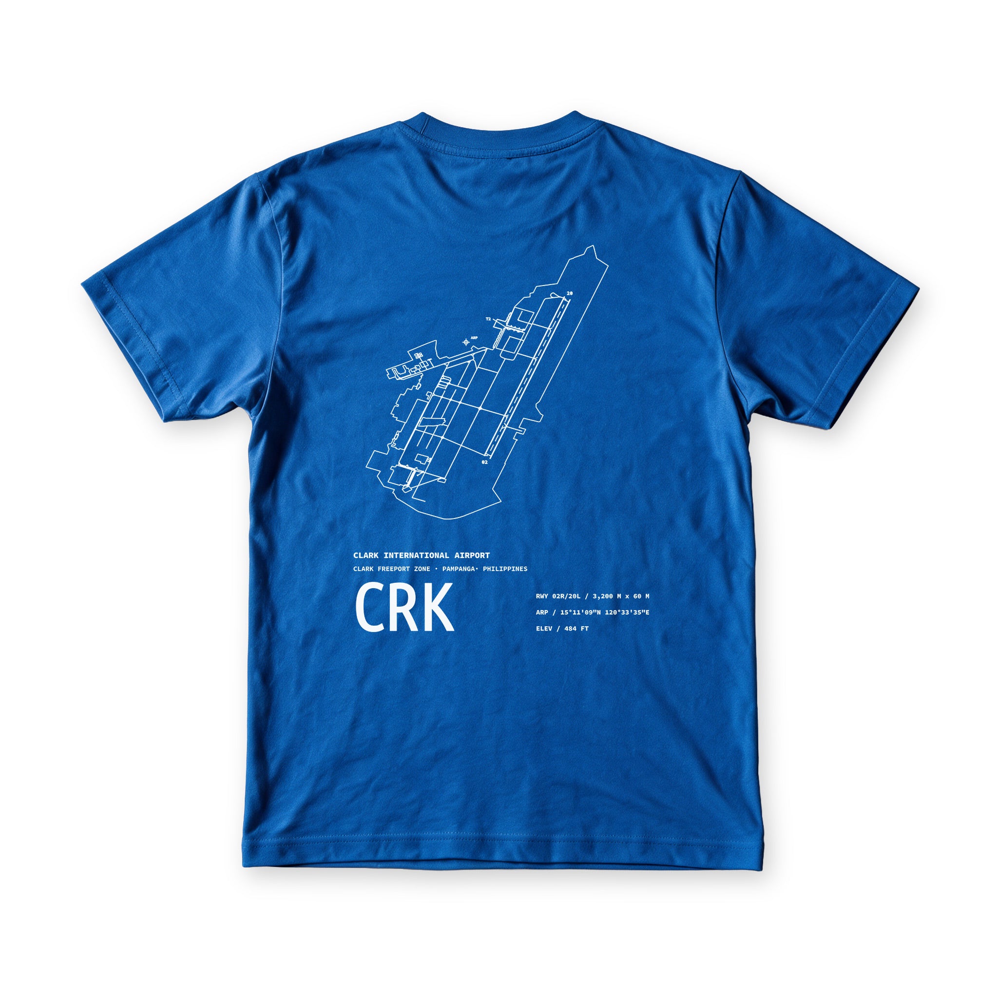 Airport Series CRK tee in Serenity Blue, back view, Clark airport boundary and runway printed in white
