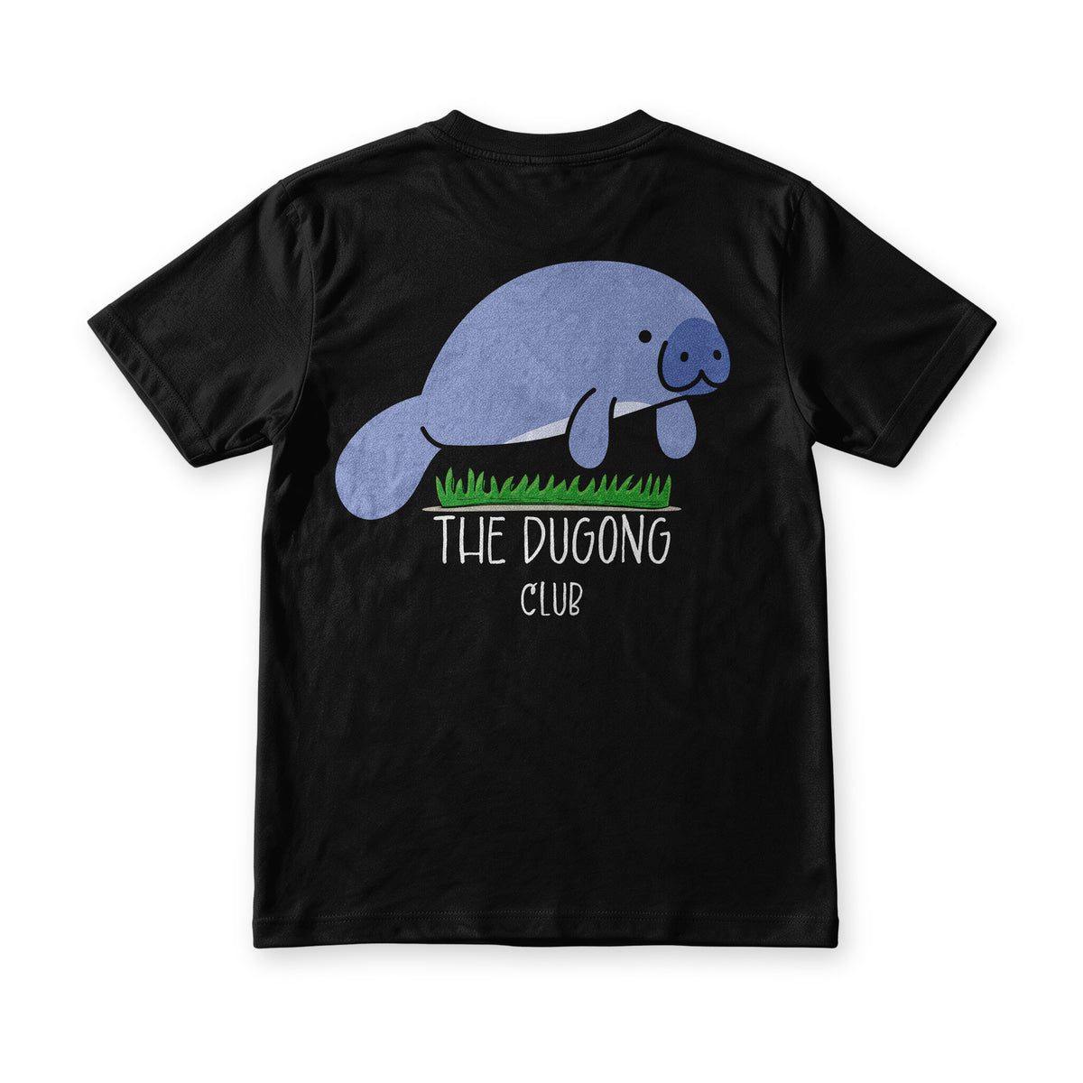 Dugong Club tee in black, flat back, blue dugong resting on green sea grass