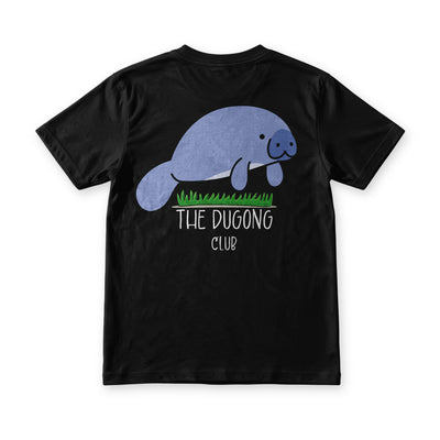 Dugong Club tee in black, flat back, blue dugong resting on green sea grass