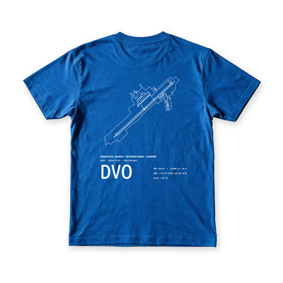 Airport Series DVO tee in Serenity Blue, back view, Davao airport diagram above the DVO code