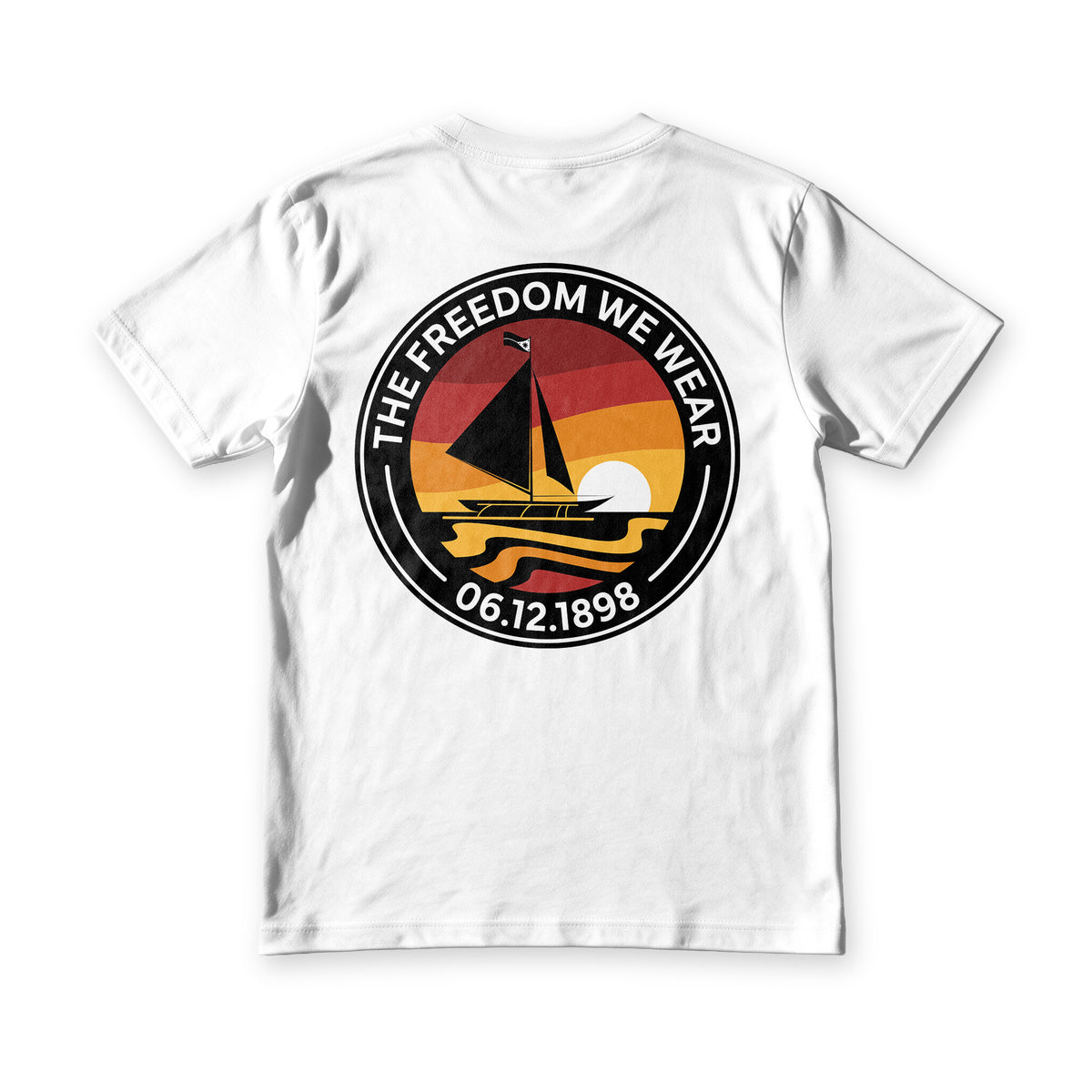 Suroy Wear The Freedom We Wear tee in white, back view, round badge of a paraw sailing into a striped sunset