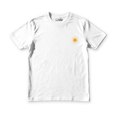 The Freedom We Wear tee in white, front view, small gold sun and three stars on the left chest