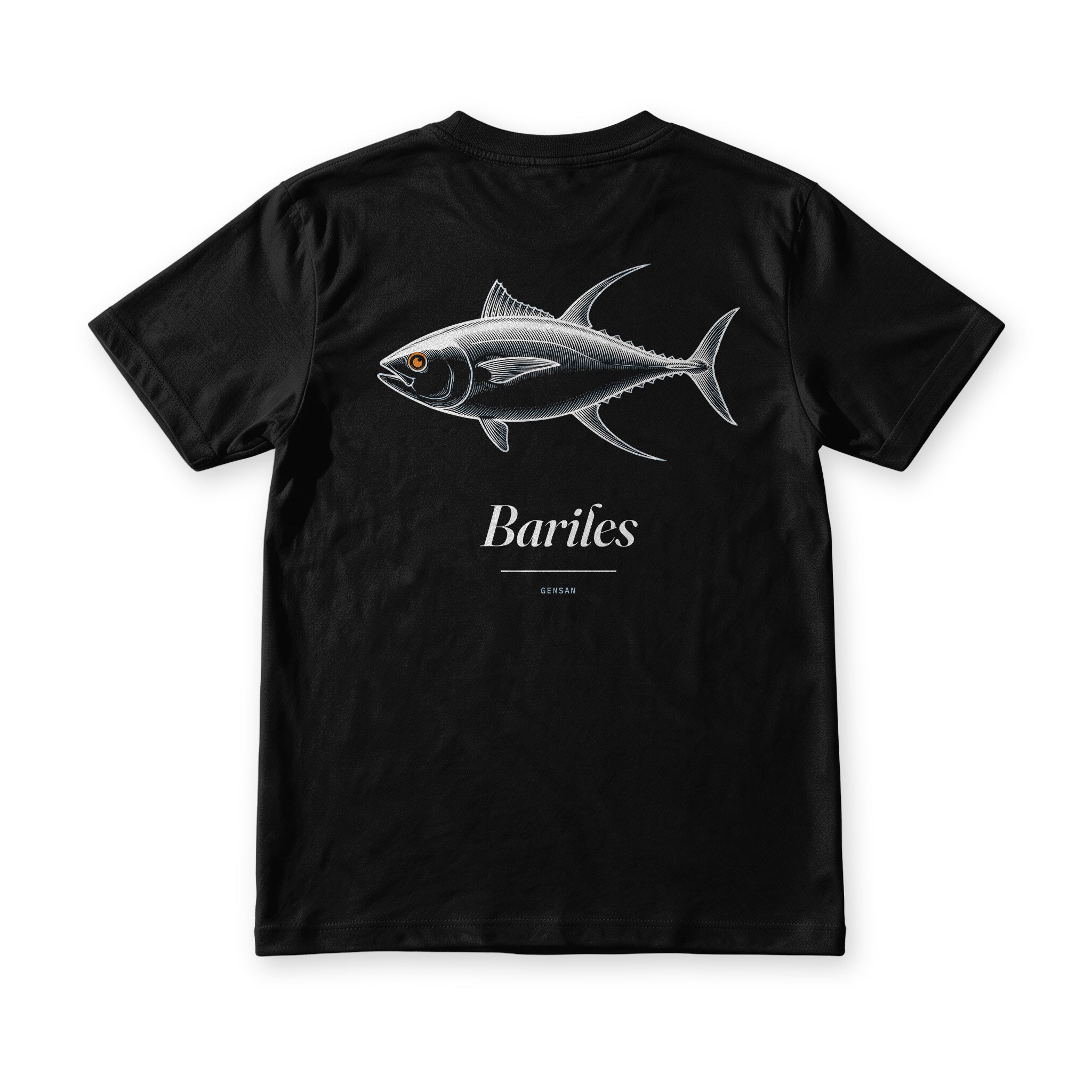 Back of a black Gensan Bariles Tee showing a white engraved yellowfin tuna with an orange eye above the word Bariles.
