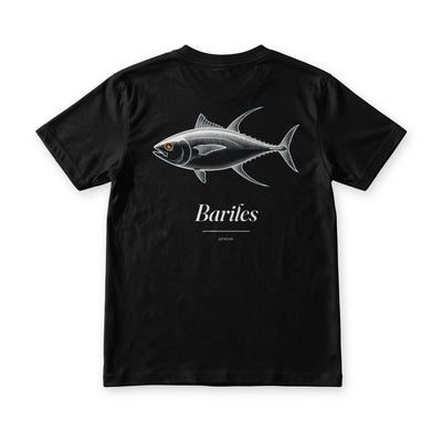 Back of a black Gensan Bariles Tee showing a white engraved yellowfin tuna with an orange eye above the word Bariles.